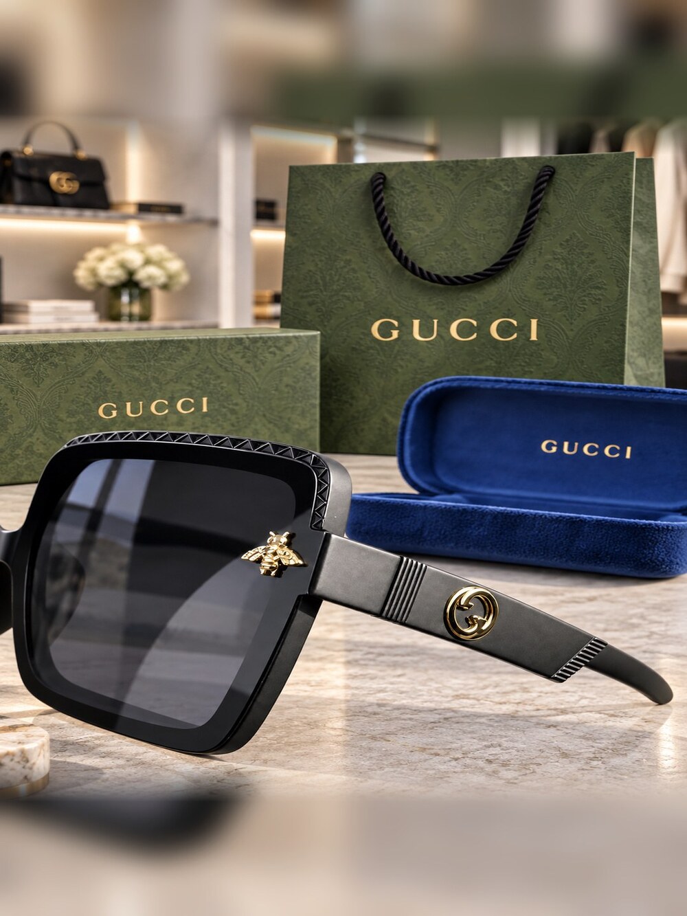 Gucci Black Square Bee Sunglasses - Picture 4 of 6